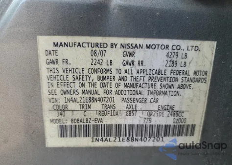 2008 Nissan Altima 2.5 z USA, uszkodzony, nr VIN 1N4AL21E88N407201